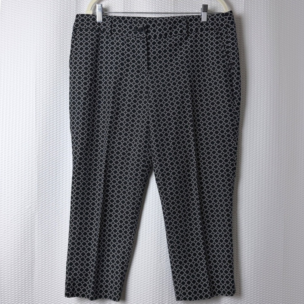 Hilary Radley Capri Pants Women 12 Black White Geometric Cropped Career Casual